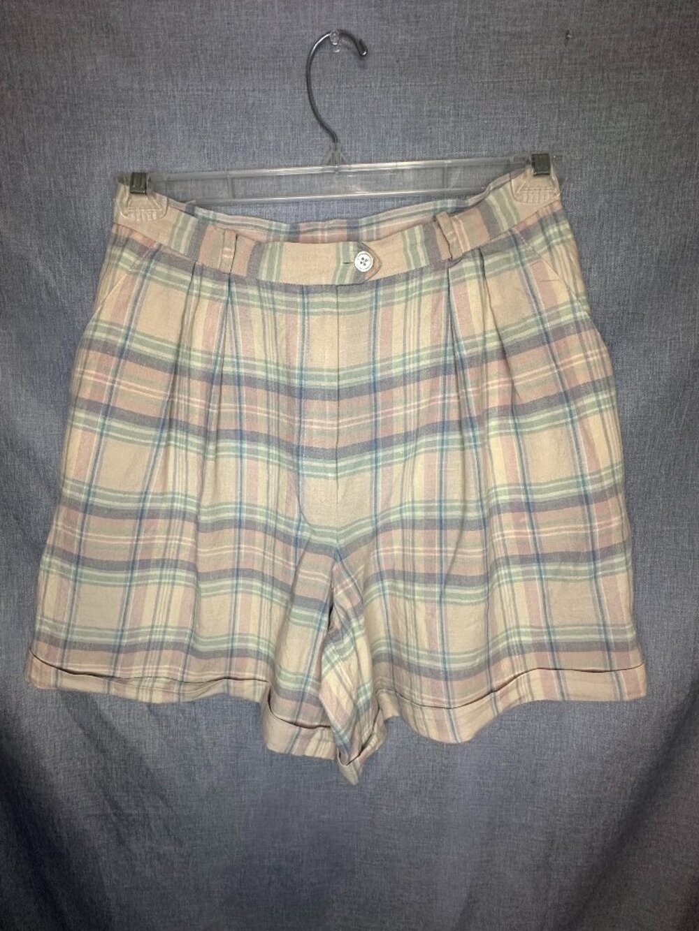 Vtg Lauren Ralph Lauren 100% Linen Pink mom style plaid Pattern Shorts Size 12p